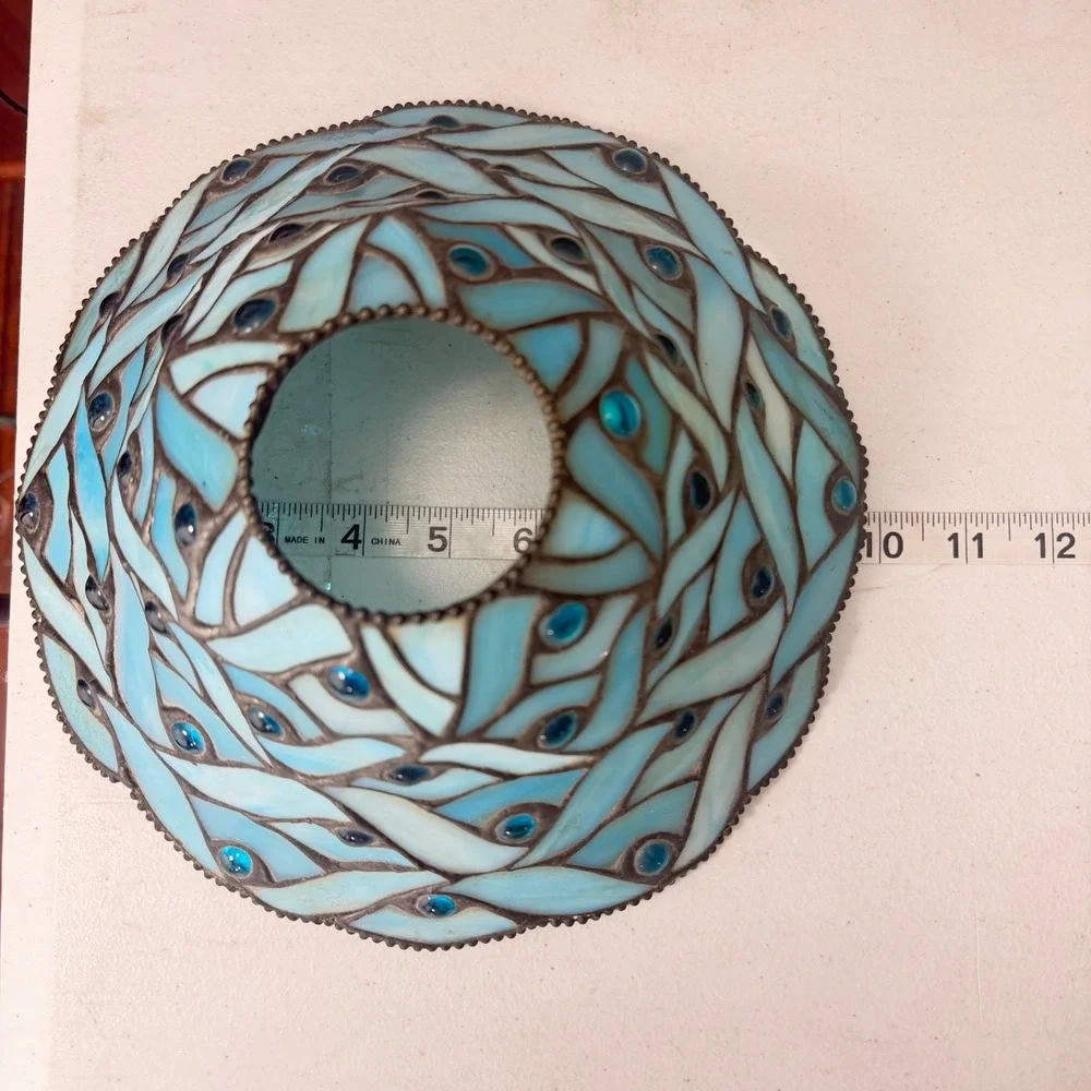 Tiffany Style Stained Glass 10"Leaded Lamp Shade Color Blue w Blue Faux Pearls - Picture 5 of 6